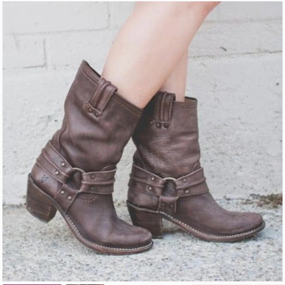 Frye Carmen Harness Motorcycle Brown Leather Mid- Calf Pull On